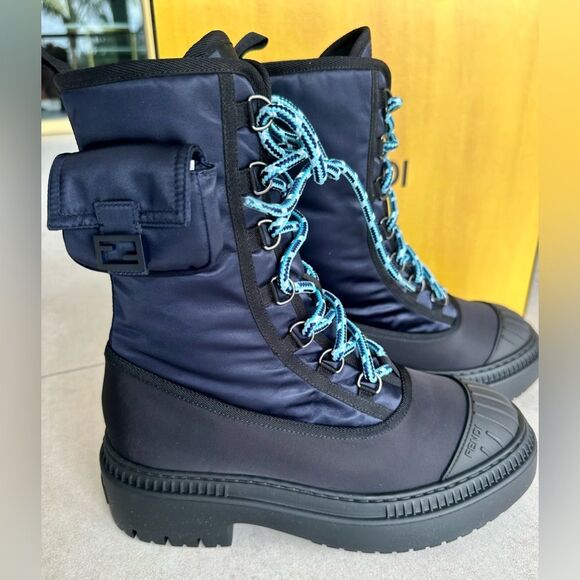 Fendi Baguette Domino Nylon Biker Lace Up Boots EU 38 US 8 in Blue/ Black - Picture 1 of 10